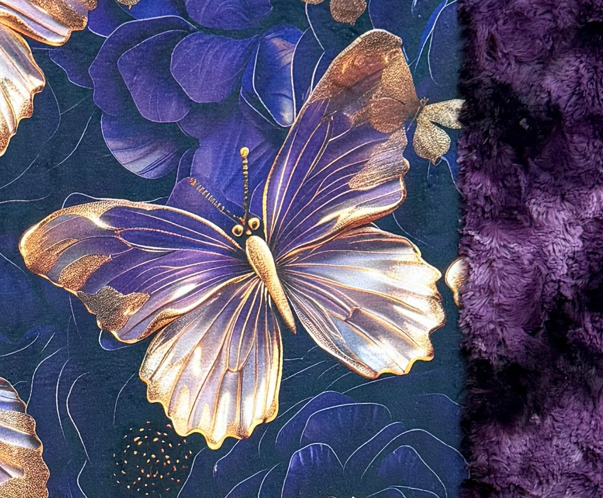 3-D Golden Butterflies on Plum Luxe Large 54x79 Minky Blanket