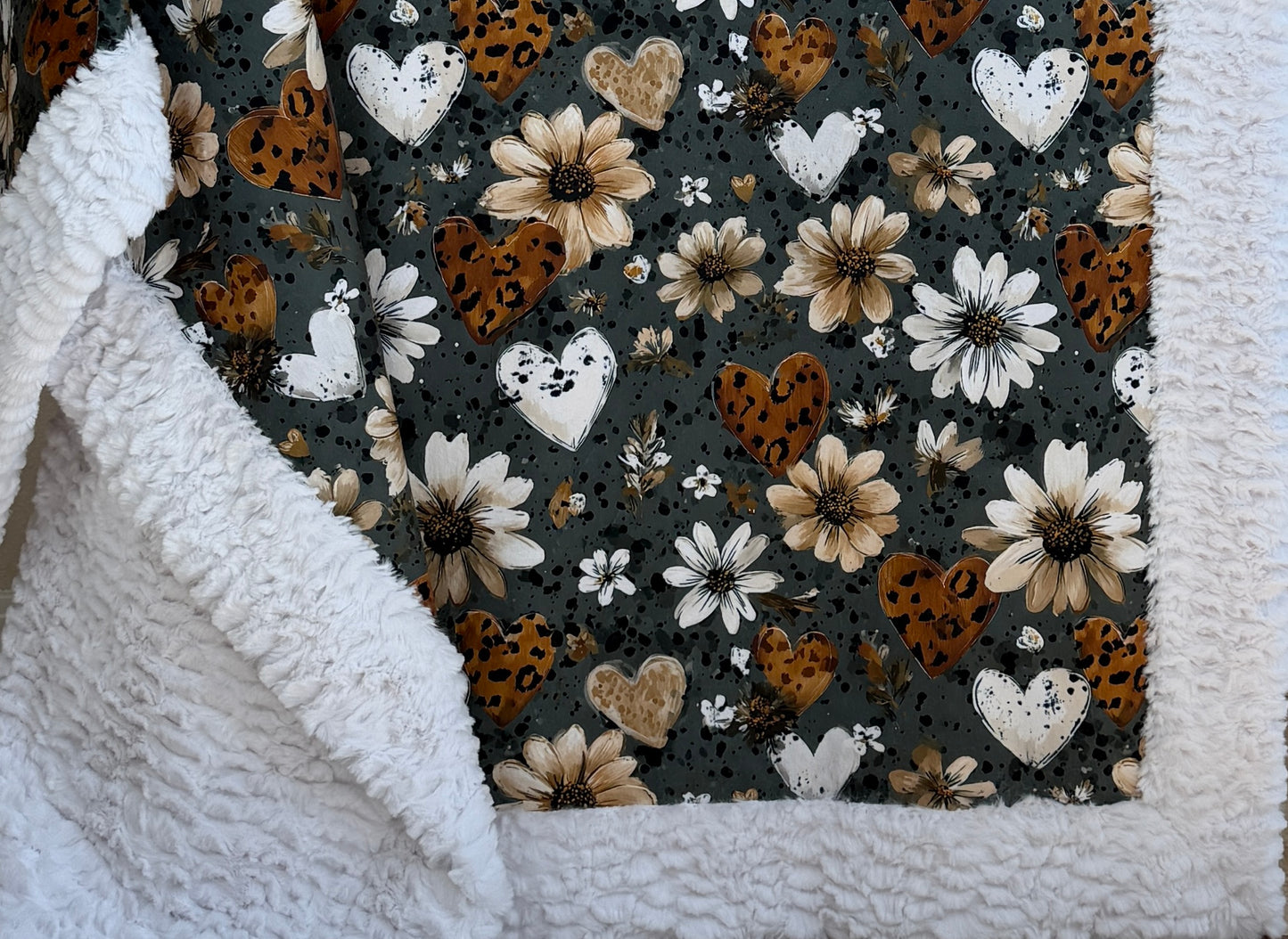 Hearts Floral on White Luxe Large 53x79 Minky Blanket