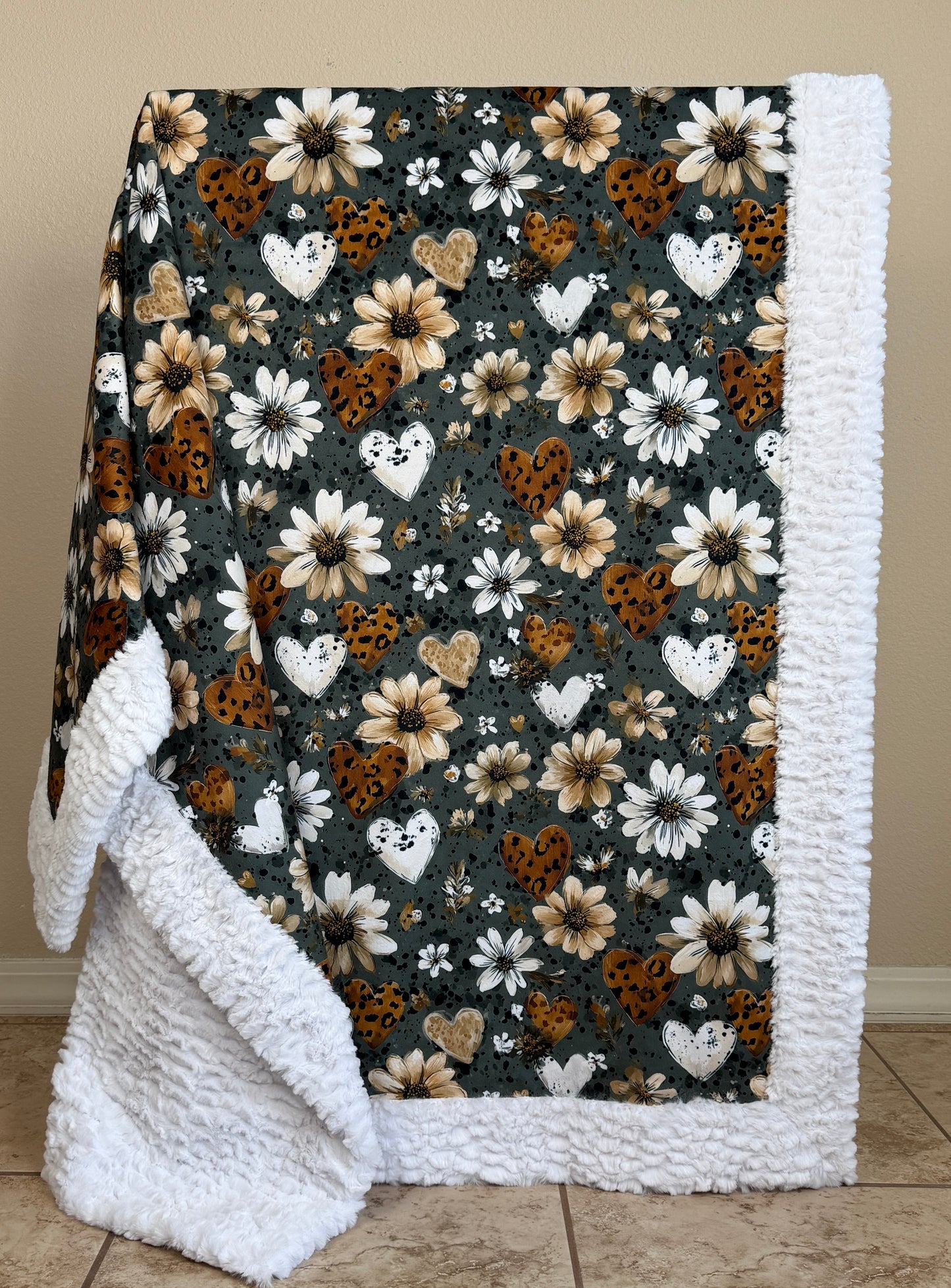 Hearts Floral on White Luxe Large 53x79 Minky Blanket
