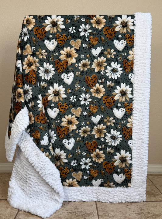 Hearts Floral on White Luxe Large 53x79 Minky Blanket