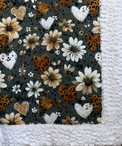 Hearts Floral on White Luxe Large 53x79 Minky Blanket