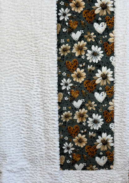 Hearts Floral on White Luxe Large 53x79 Minky Blanket