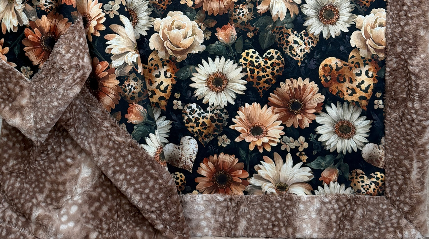 Floral Hearts on Fawn Luxe Large 56x79 Minky Blanket