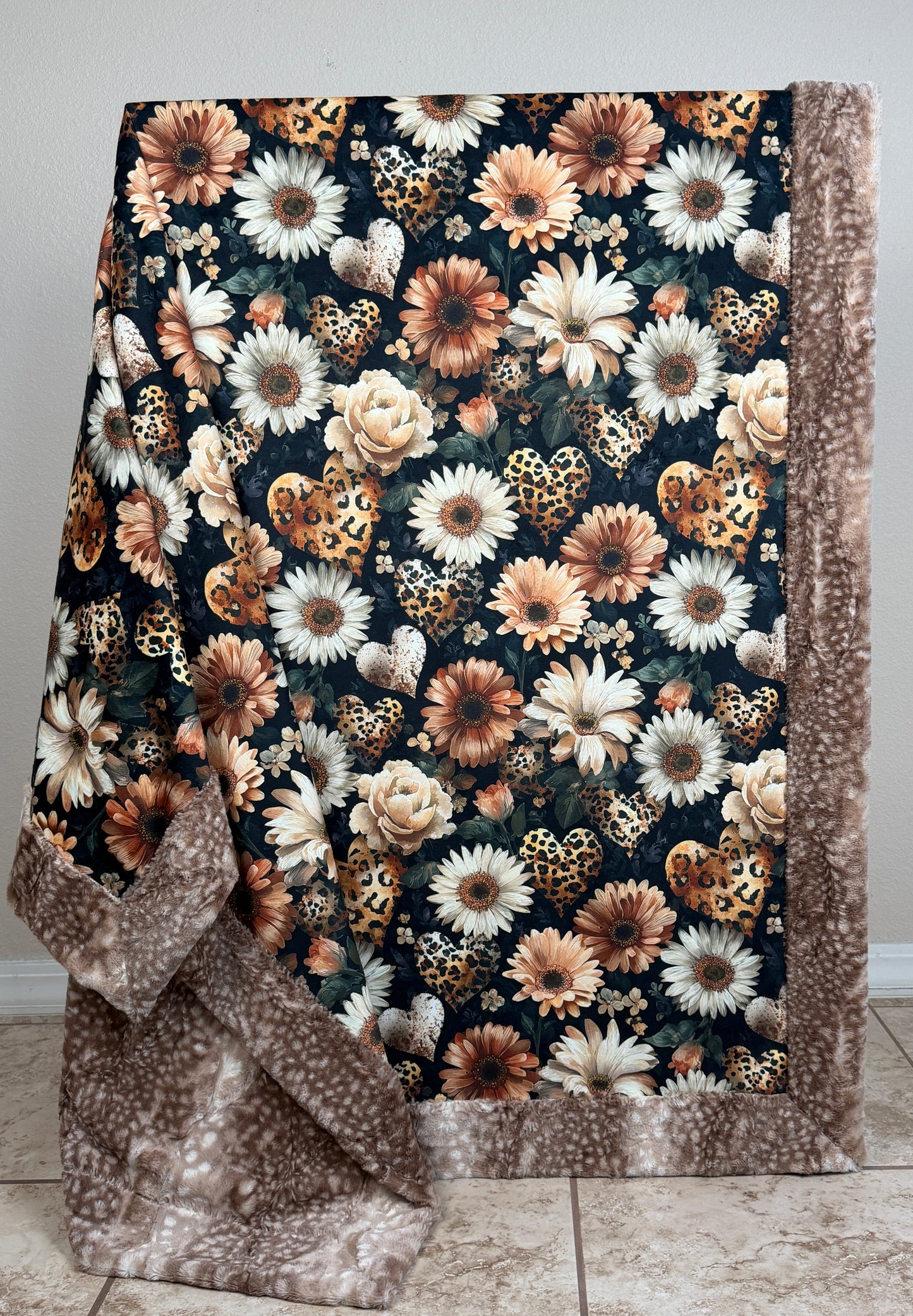 Floral Hearts on Fawn Luxe Large 56x79 Minky Blanket