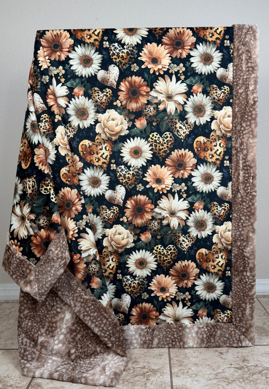 Floral Hearts on Fawn Luxe Large 56x79 Minky Blanket