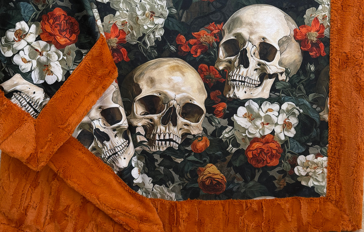 Skulls Floral on Fire Luxe Large 57x79 Minky Blanket