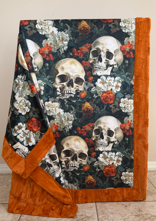 Skulls Floral on Fire Luxe Large 57x79 Minky Blanket