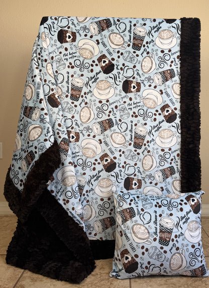 Rise & Grind on Espresso Luxe X-Large Minky Blanket Set with Pillowcase 55x81