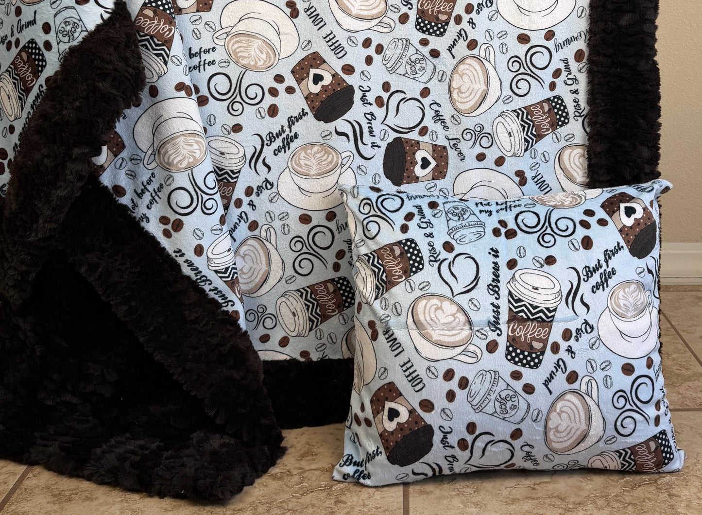 Rise & Grind on Espresso Luxe X-Large Minky Blanket Set with Pillowcase 55x81