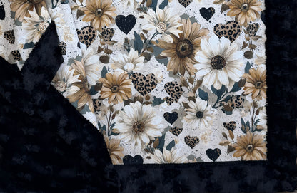 Floral Hearts on Black Luxe Large Minky Blanket 54x79