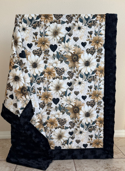 Floral Hearts on Black Luxe Large Minky Blanket 54x79