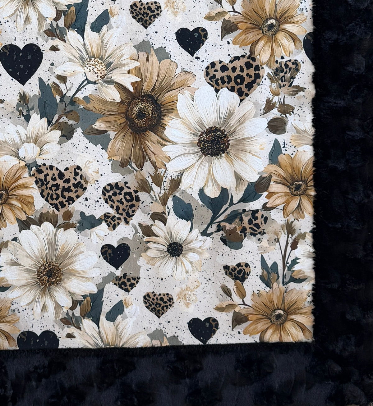 Floral Hearts on Black Luxe Large Minky Blanket 54x79