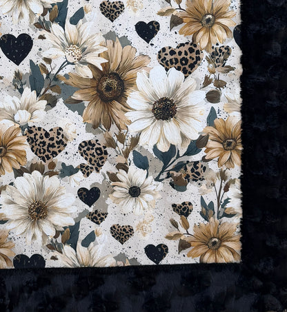 Floral Hearts on Black Luxe Large Minky Blanket 54x79