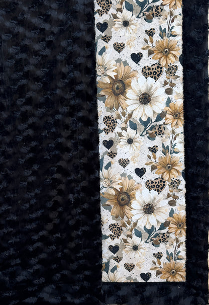 Floral Hearts on Black Luxe Large Minky Blanket 54x79