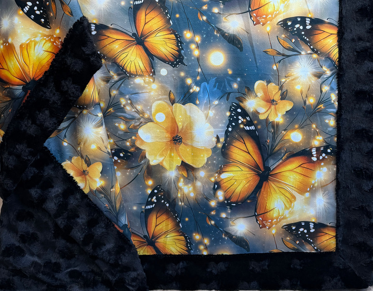 Monarch Butterflies on Black Luxe Large Minky Blanket 55x79