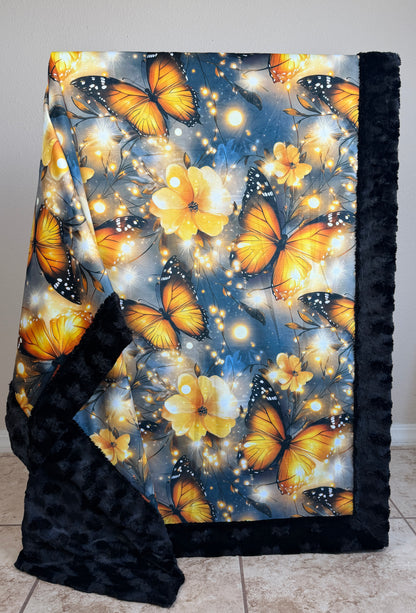 Monarch Butterflies on Black Luxe Large Minky Blanket 55x79