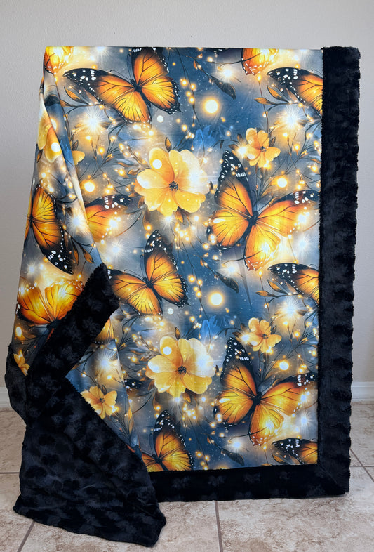 Monarch Butterflies on Black Luxe Large Minky Blanket 55x79
