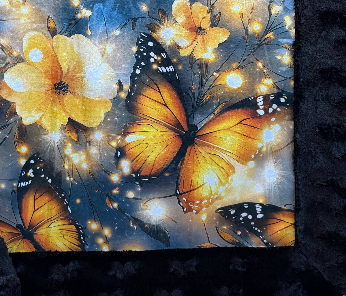 Monarch Butterflies on Black Luxe Large Minky Blanket 55x79
