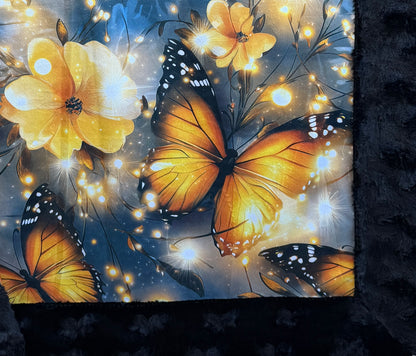 Monarch Butterflies on Black Luxe Large Minky Blanket 55x79