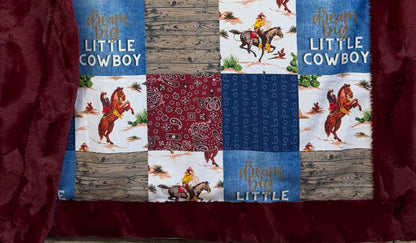 Dream Big Little Cowboy Patchwork on Merlot Luxe Child Size 42x58 Blanket with Pillowcase