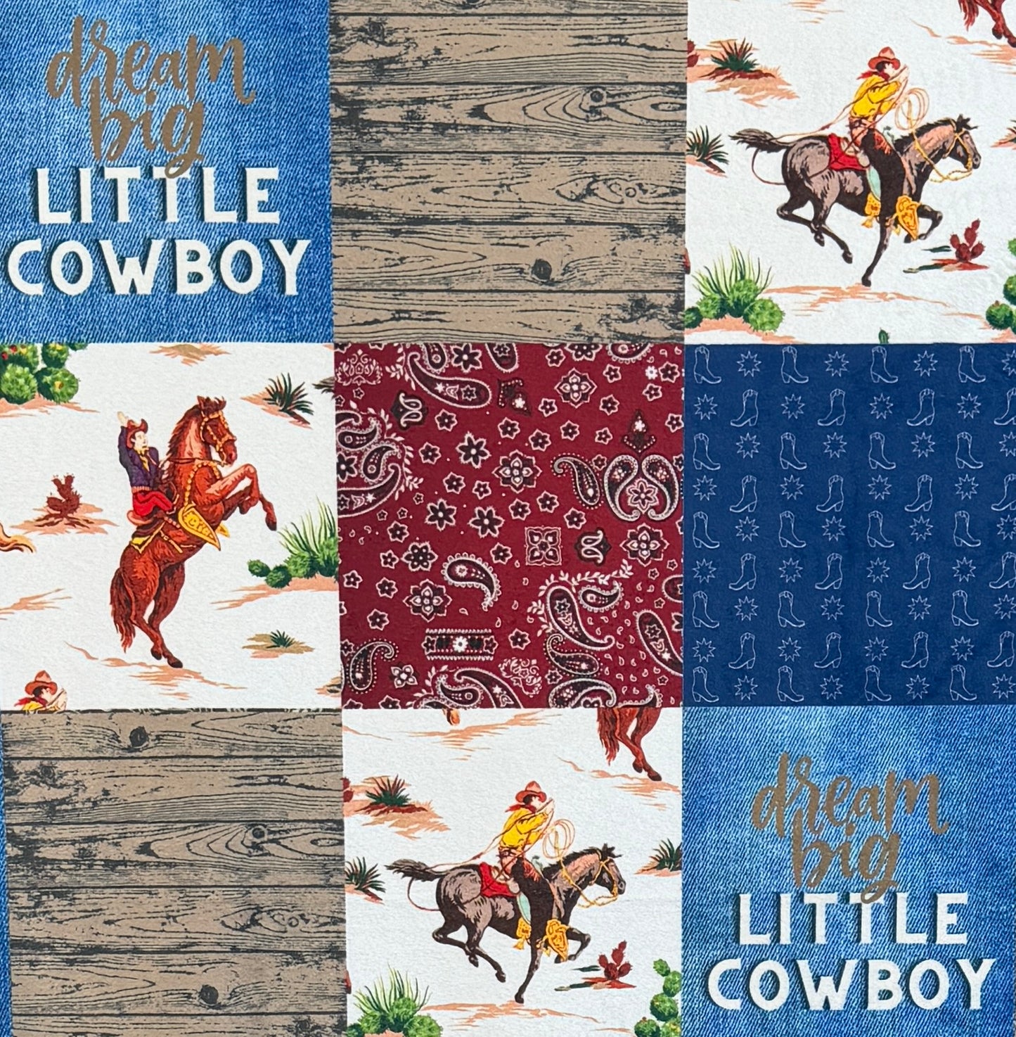Dream Big Little Cowboy Patchwork on Merlot Luxe Child Size 42x58 Blanket with Pillowcase