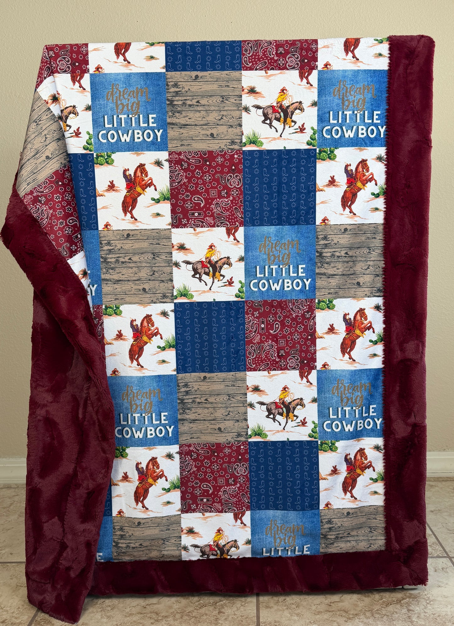 Dream Big Little Cowboy Patchwork on Merlot Luxe Child Size 42x58 Blanket with Pillowcase