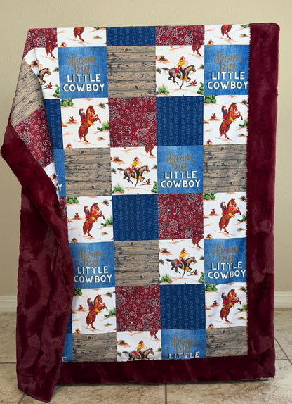 Dream Big Little Cowboy Patchwork on Merlot Luxe Child Size 42x58 Blanket with Pillowcase