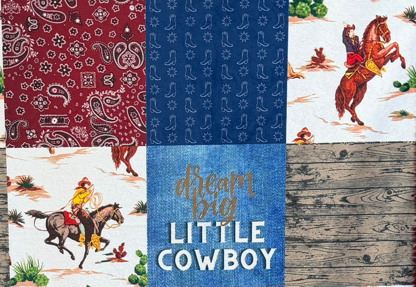 Dream Big Little Cowboy Patchwork on Merlot Luxe Child Size 42x58 Blanket with Pillowcase