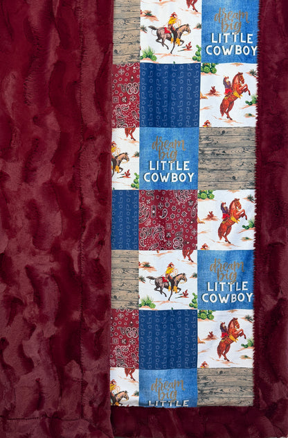 Dream Big Little Cowboy Patchwork on Merlot Luxe Child Size 42x58 Blanket with Pillowcase