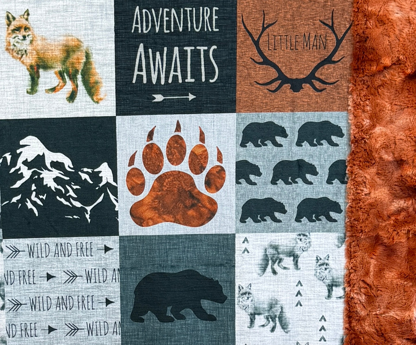 Adventure Awaits Patchwork on Ginger Luxe Large 55x79 Minky Blanket