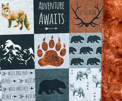 Adventure Awaits Patchwork on Ginger Luxe Large 55x79 Minky Blanket
