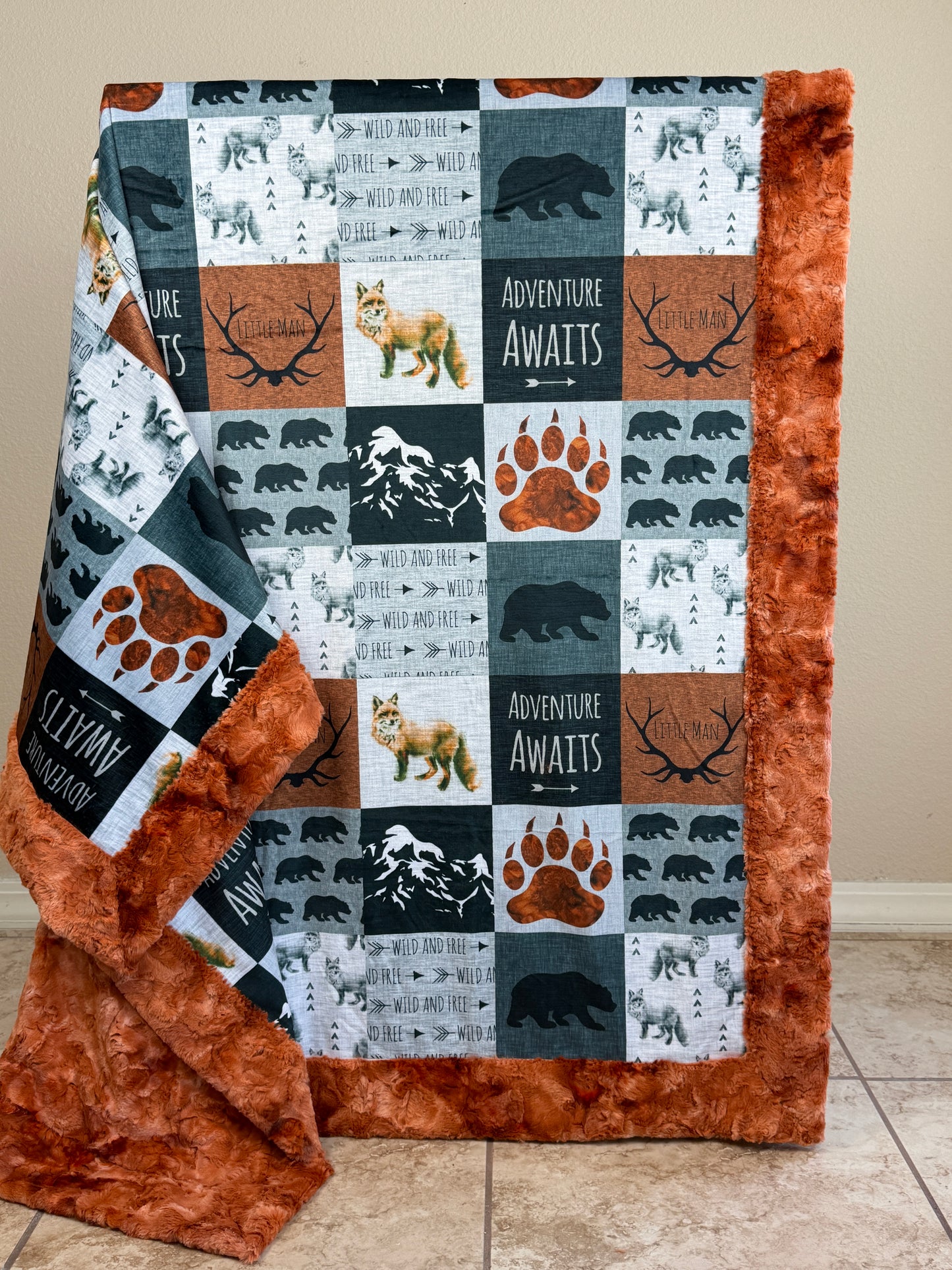Adventure Awaits Patchwork on Ginger Luxe Large 55x79 Minky Blanket
