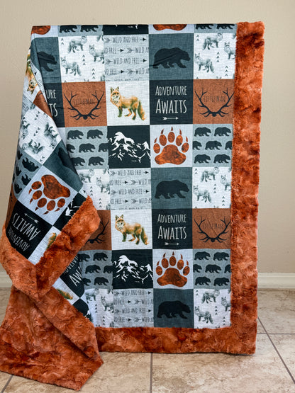 Adventure Awaits Patchwork on Ginger Luxe Large 55x79 Minky Blanket