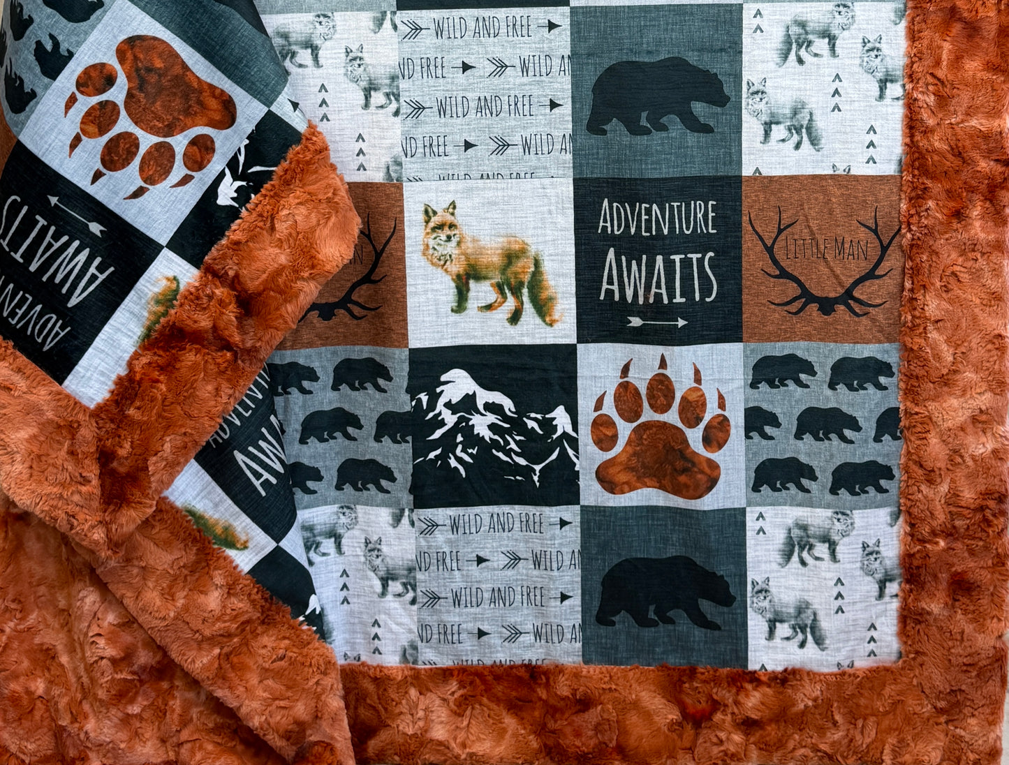 Adventure Awaits Patchwork on Ginger Luxe Large 55x79 Minky Blanket