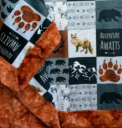 Adventure Awaits Patchwork on Ginger Luxe Large 55x79 Minky Blanket