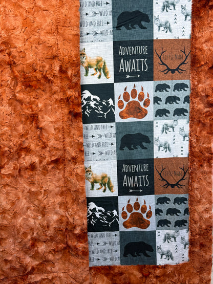 Adventure Awaits Patchwork on Ginger Luxe Large 55x79 Minky Blanket