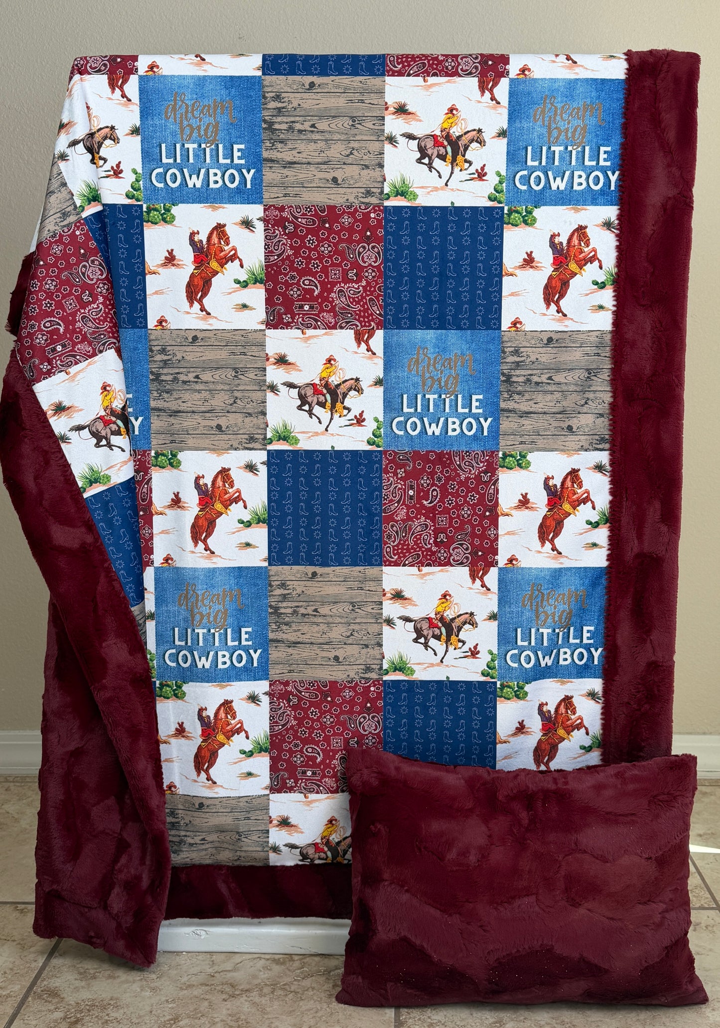 Dream Big Little Cowboy Patchwork on Merlot Luxe Child Size 42x58 Blanket with Pillowcase