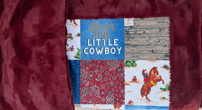 Dream Big Little Cowboy Patchwork on Merlot Luxe Child Size 42x58 Blanket with Pillowcase