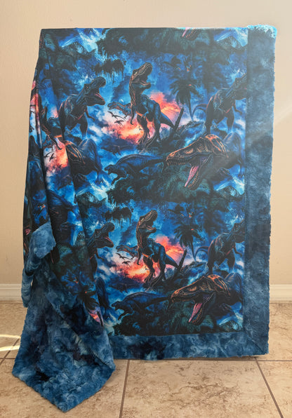 Dinosaurs on Pacific Blue Luxe Large Minky Blanket 55x79