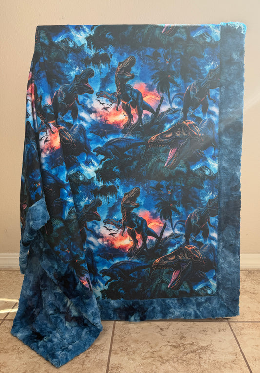Dinosaurs on Pacific Blue Luxe Large Minky Blanket 55x79