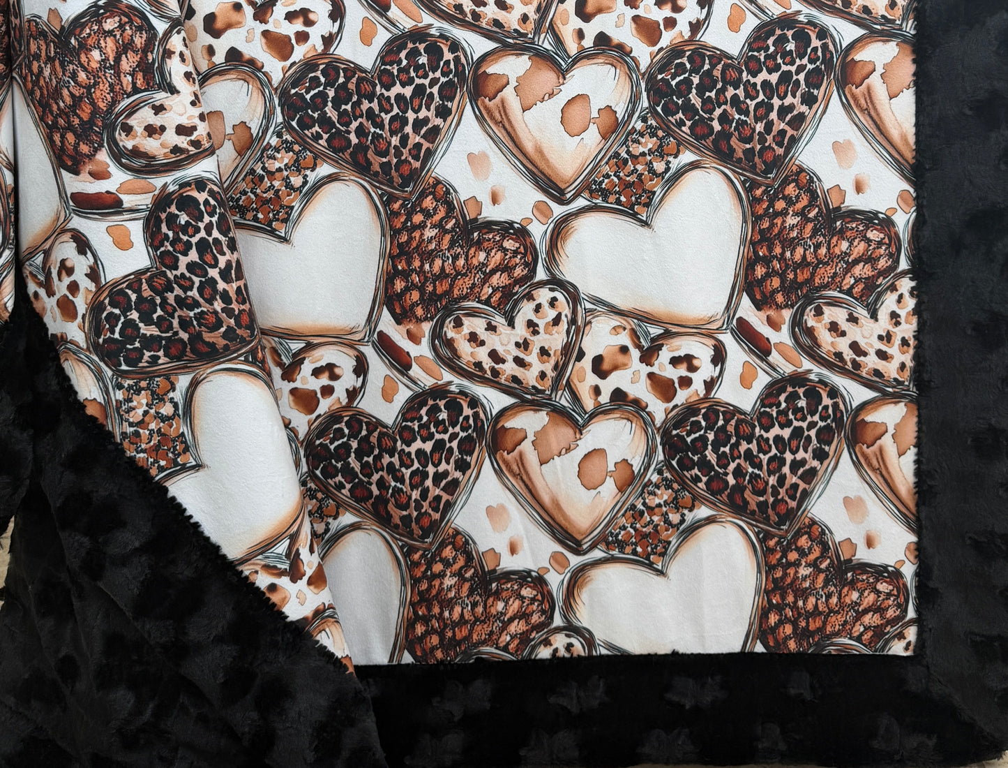 Leopard Hearts on Black Luxe Large Minky Blanket 55x79