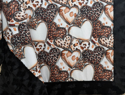 Leopard Hearts on Black Luxe Large Minky Blanket 55x79