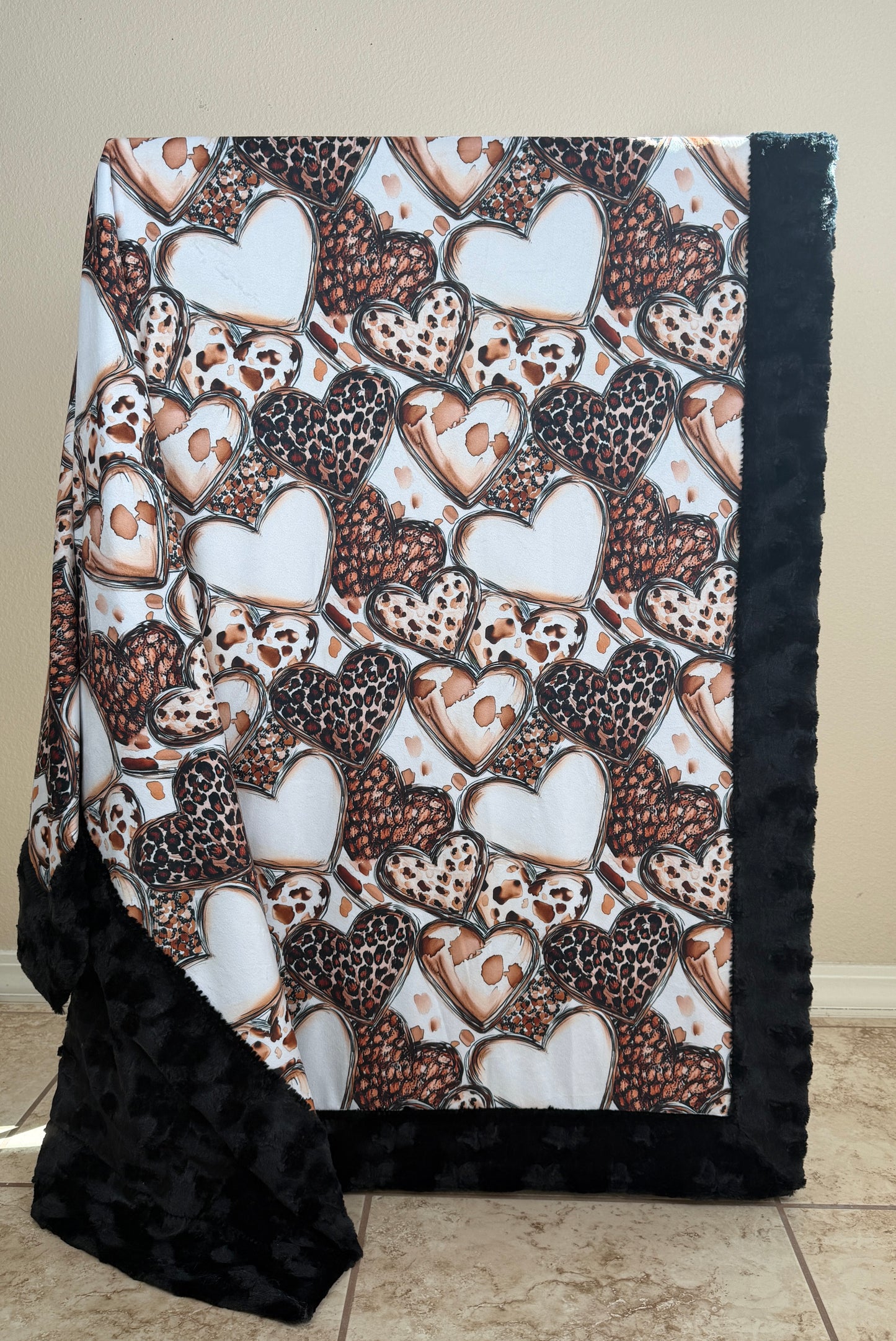 Leopard Hearts on Black Luxe Large Minky Blanket 55x79