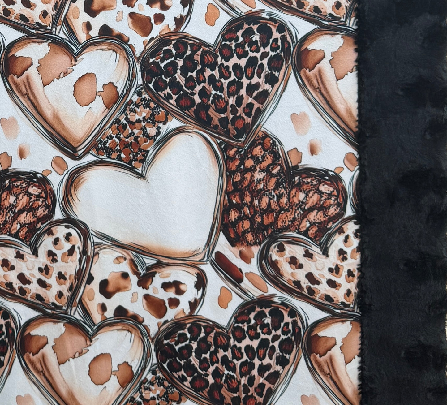 Leopard Hearts on Black Luxe Large Minky Blanket 55x79