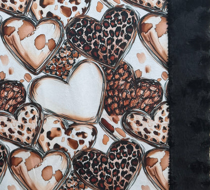 Leopard Hearts on Black Luxe Large Minky Blanket 55x79