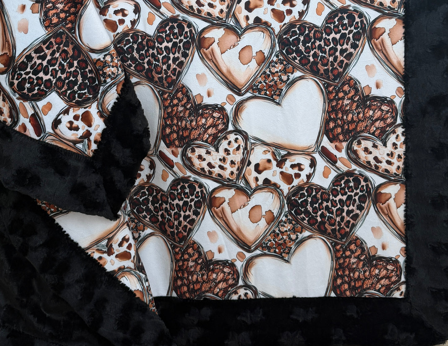 Leopard Hearts on Black Luxe Large Minky Blanket 55x79