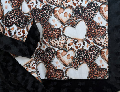 Leopard Hearts on Black Luxe Large Minky Blanket 55x79