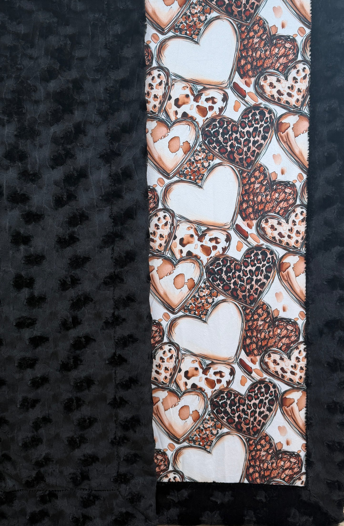 Leopard Hearts on Black Luxe Large Minky Blanket 55x79