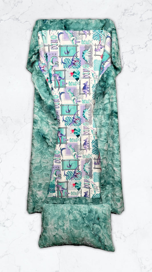 T-Rex Bellflower on Spearmint Galaxy Minky Toddler Blanket - 44x54 with 13x19 Pillowcase for a 12x18 Size Pillow