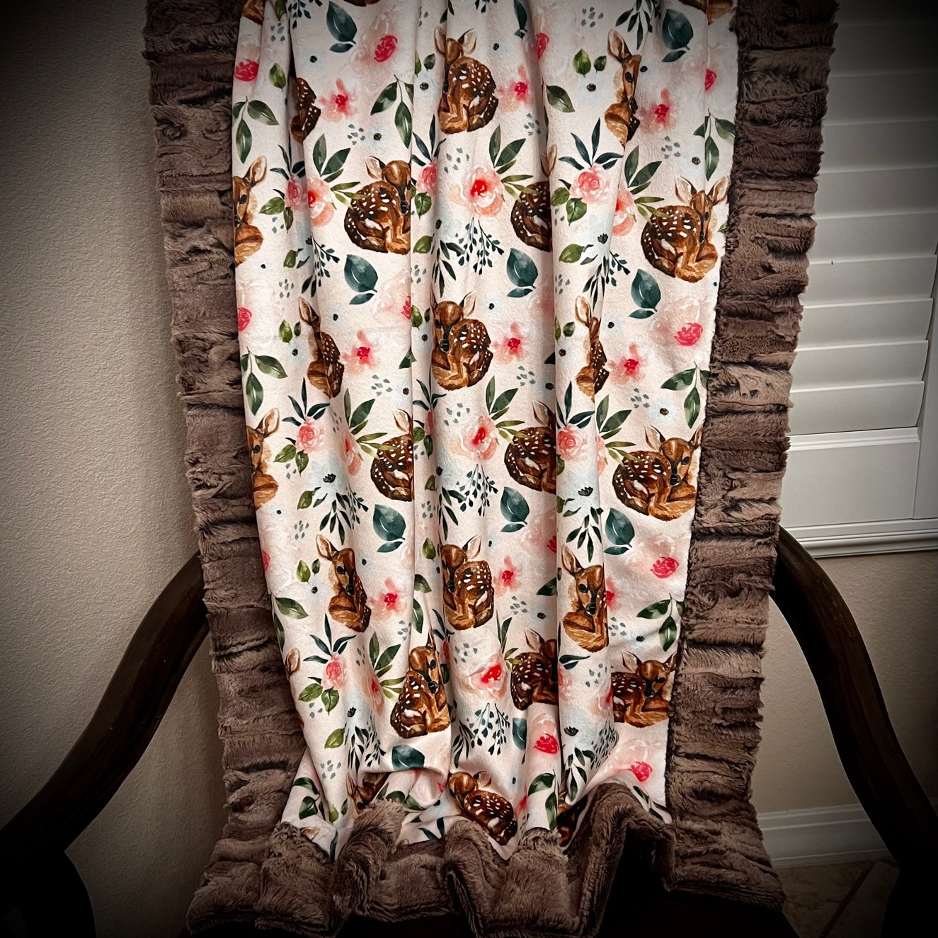 Deer Pink Flower Mountain Fox Pewter Beige Minky Baby Blanket - Soft and Cozy Texture - 34x45